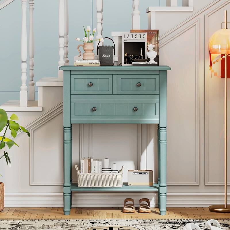 Narrow Console Table with 3 Drawers and Bottom Shelf