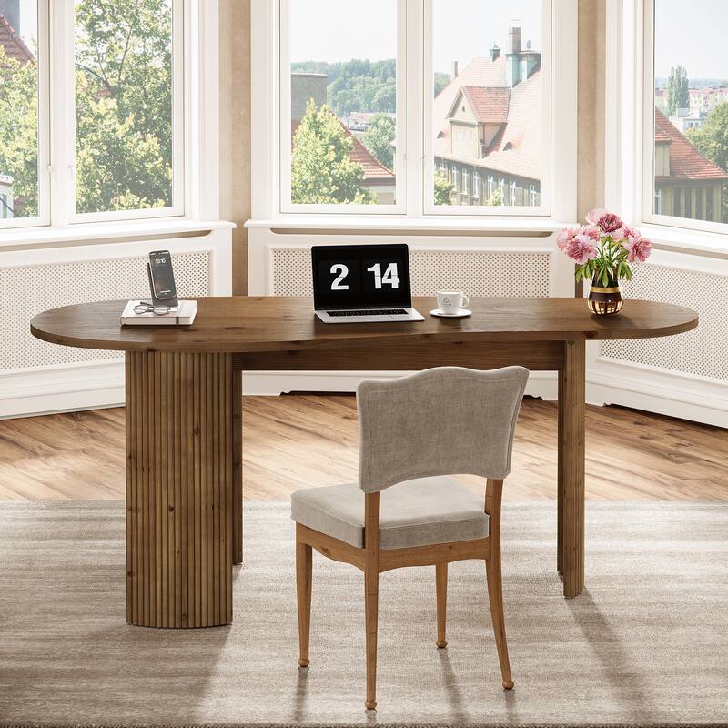 Modern Solid Wood Computer Desk, Curved Small Executive Desk with Fluted Wooden Legs