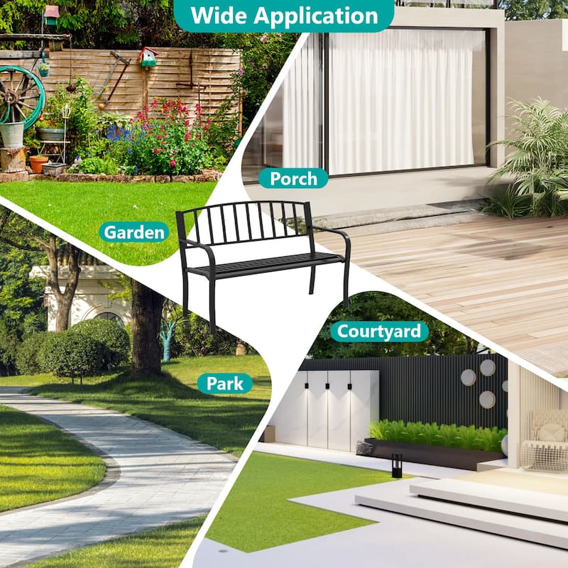 Gymax 50 Inches Garden Bench w/ Slatted Backrest & Curved Armrests for