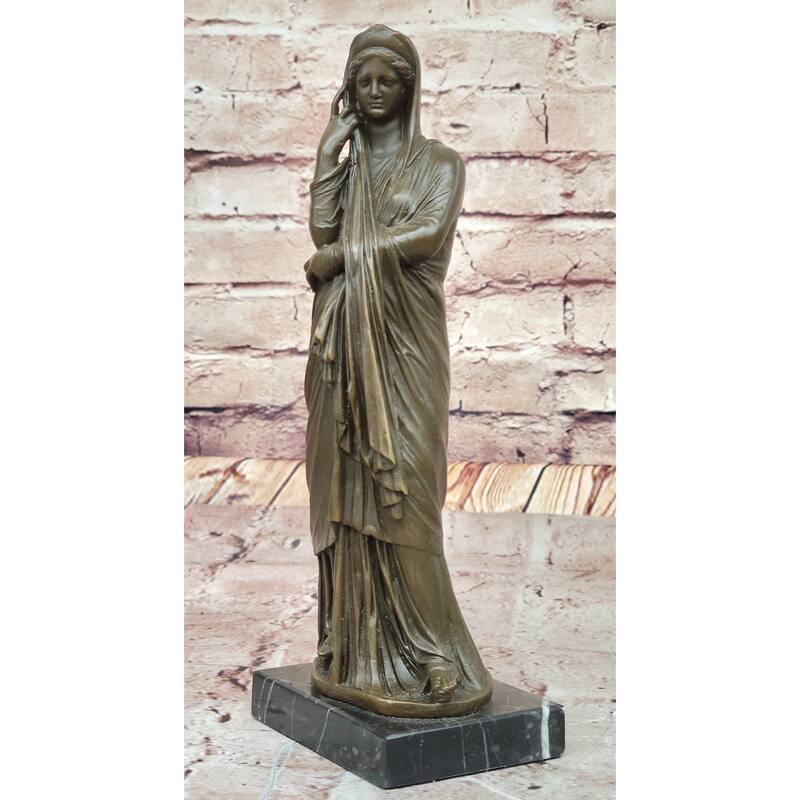 Clical Robes Draped Woman Bronze Sculpture On Marble Base By Jean Patoue