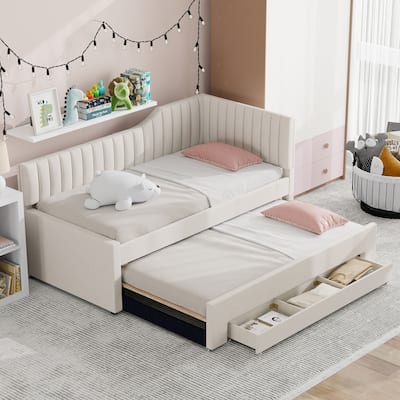 Roomfitters Twin/Full Size Upholstered Daybed with Trundle and Triple Storage Drawers