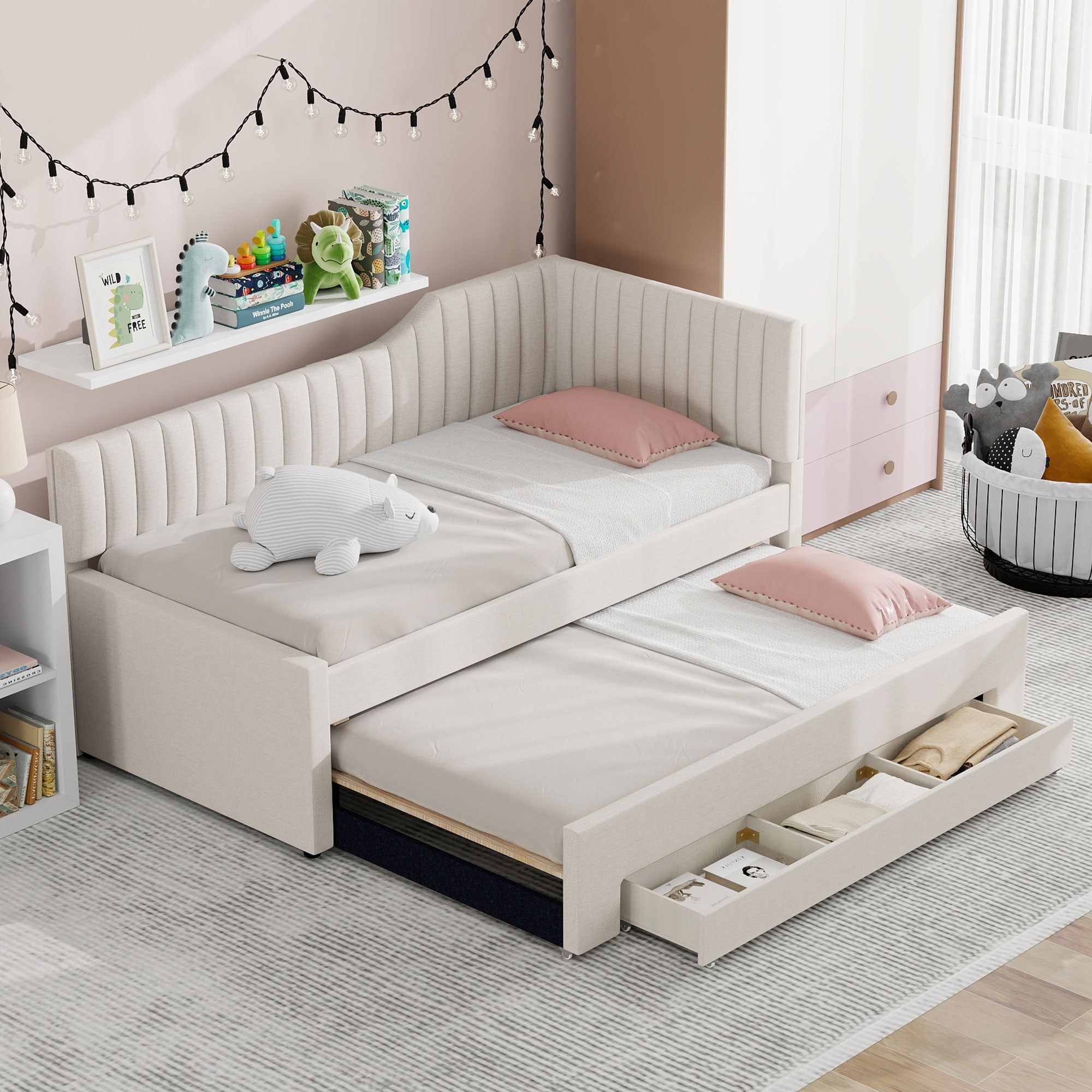 Roomfitters Twin/Full Size Upholstered Daybed with Trundle and Triple Storage Drawers