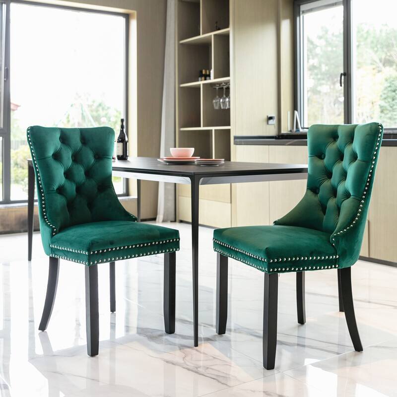 Set of 2 Velvet Upholstered Dining Chairs with Nailhead Trim and Wooden Legs - Green