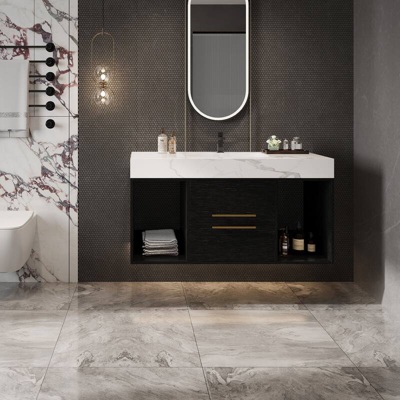 Floating Bathroom Vanity with Ceramic Sink, Rectangle Bathroom Storage Cabinet with Sintered Stone Countertop - White+Black - 39 Inch
