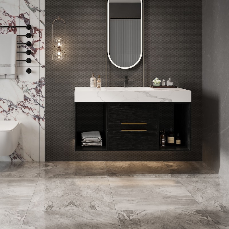GDFStudio - Modern 39.4" Wall Mounted Floating Sintered Stone Bathroom Vanity with Seamless Ceramic Sink & Soft-Close Drawers