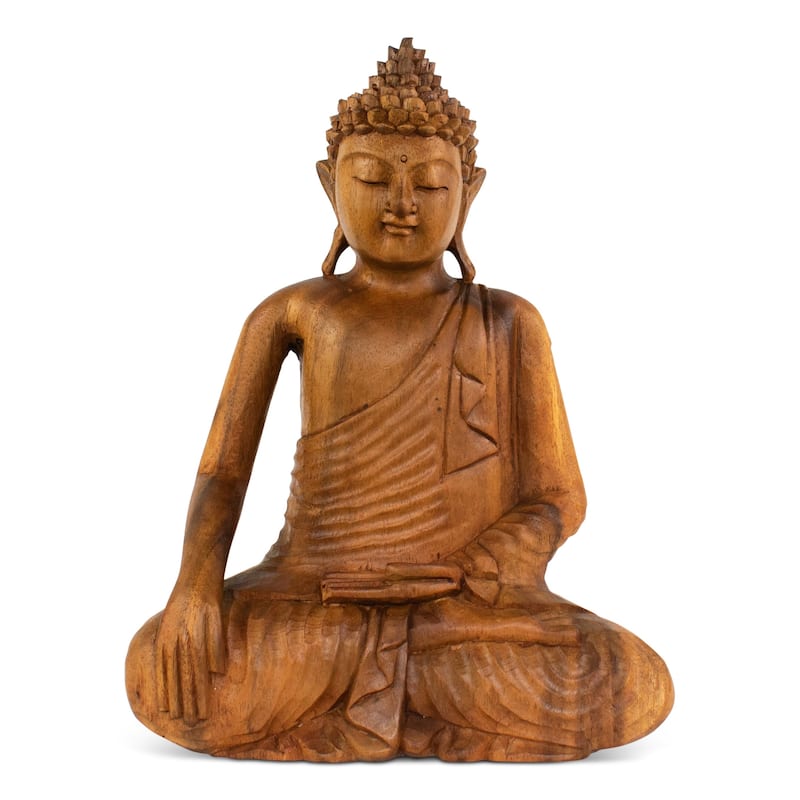Wood Buddha Statue Hand Carved Earth Touching Mudra Sculpture, Natural Zen Decor - 12" tall x 10" wide x 5" deep