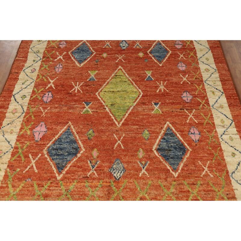 Geometric Orange Moroccan Oriental Rug Handmade Modern Wool Carpet - 6'9" x 9'9"