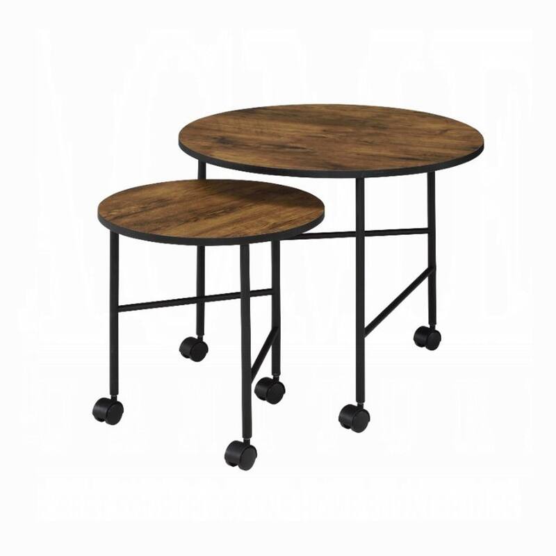2 Piece Nesting Table Set with Caster-Wheels, Vintage Oak