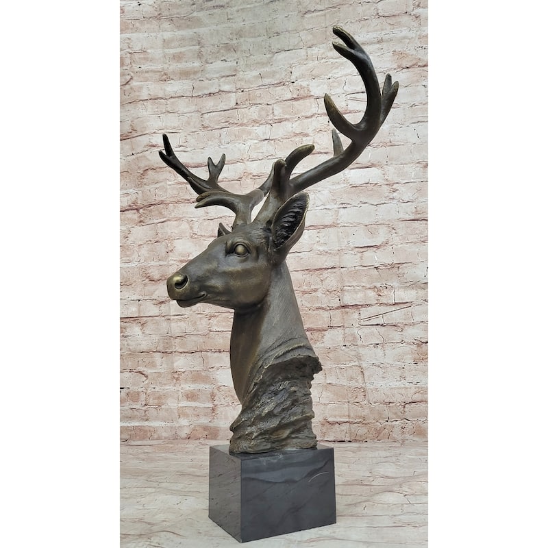 Stag Buck Deer Elk Head Bust Bronze Sculpture Statue On Marble Base