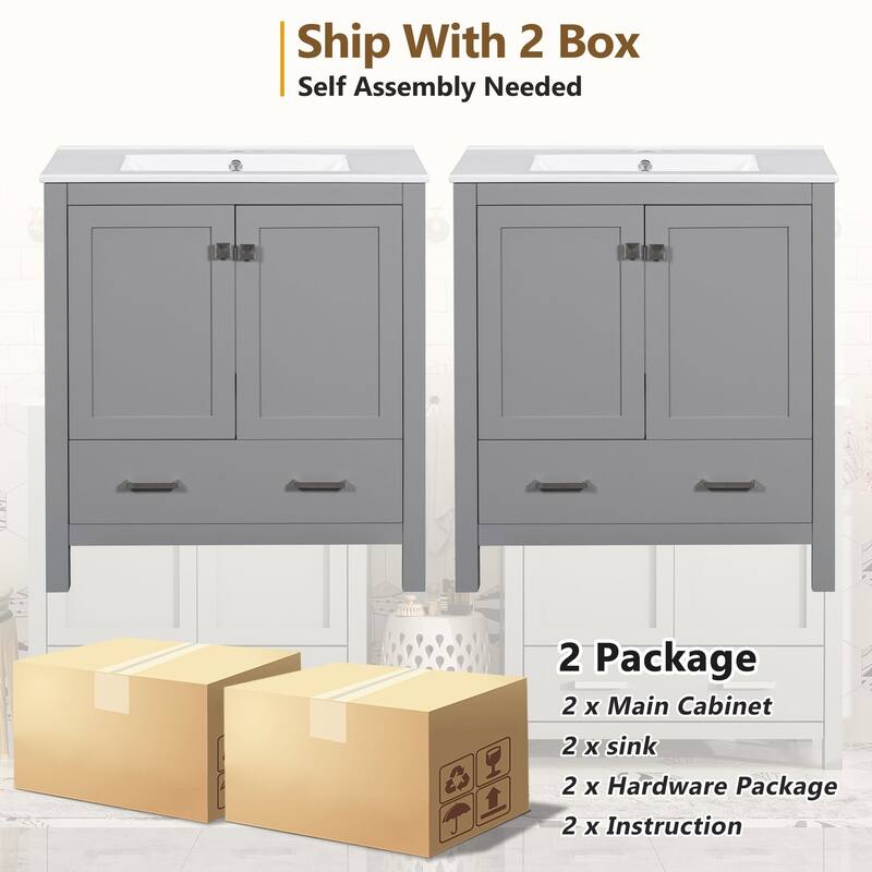 60 Inch Bathroom Vanity with Double Ceramic Sinks, 4 Doors, 2 Drawers, and Divided Storage - Freestanding Design