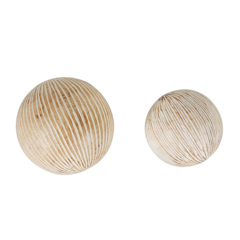 Cream Mango Wood Handmade Decorative Ball Orbs & Vase Filler with Carved Lines or Tribal Patterns (Set of 2)