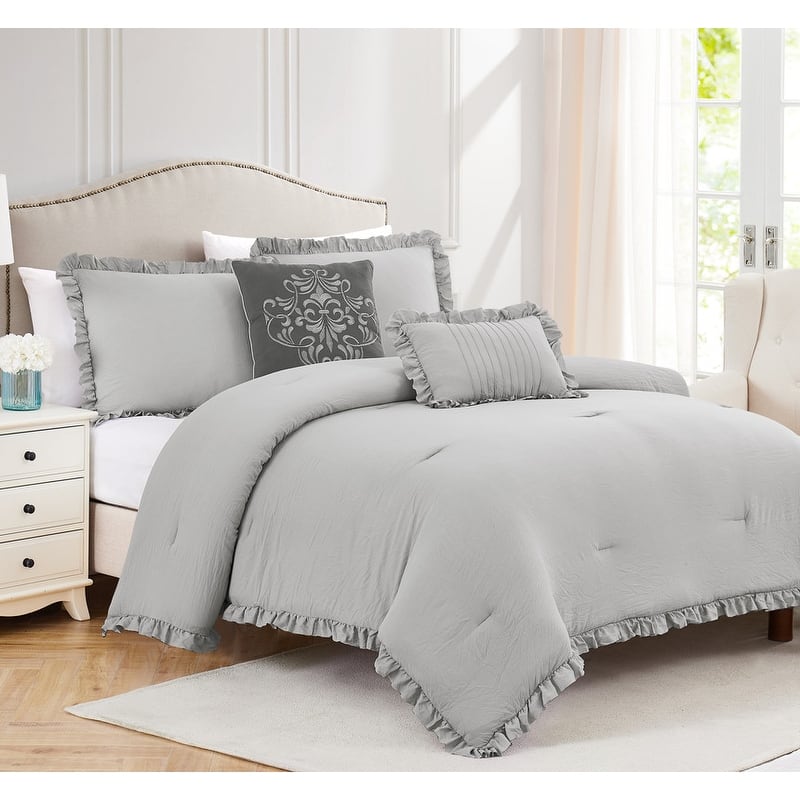 Portland Ruffled Washed Comforter Set - Grey - King