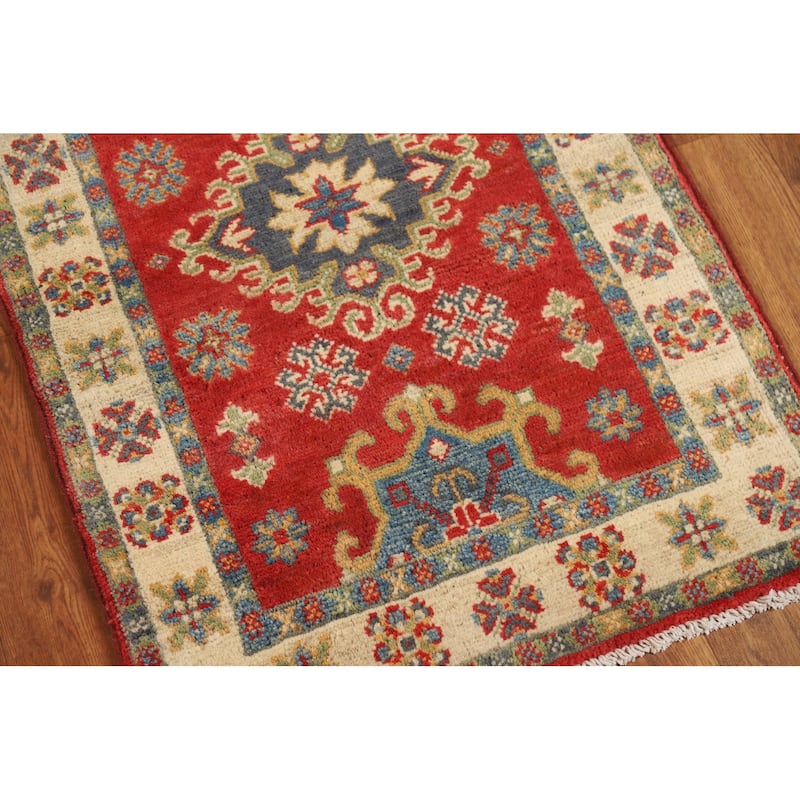 Geometric Red Kazak Oriental Foyer Rug Hand-Knotted Wool Carpet - 2'0" x 3'0"