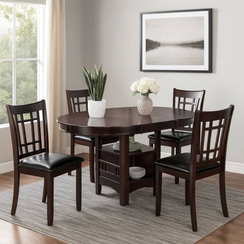5 Piece Dining Set, 42 Inch Round Extendable Table With 4 Chairs, Espresso