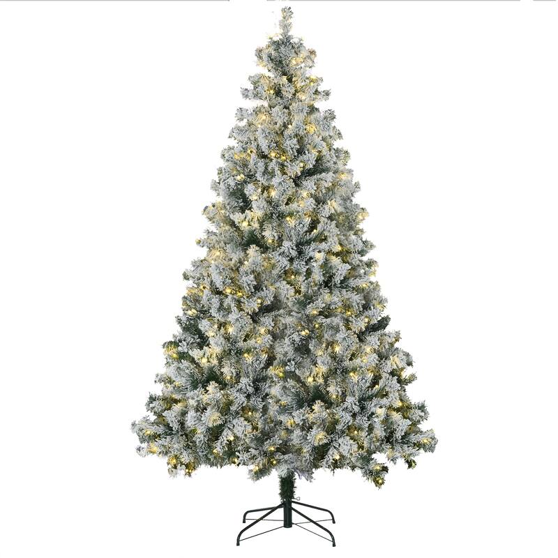 Snow Flocked 7.5ft Christmas Tree, 550 LED Lights, Easy Assembly with Steel Base, Xmas Tree for Home Holiday Decoration