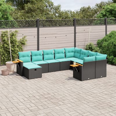 vidaXL 10 Piece Patio Sofa Set with Cushions Black Poly Rattan - 21.7x27.2x24.4