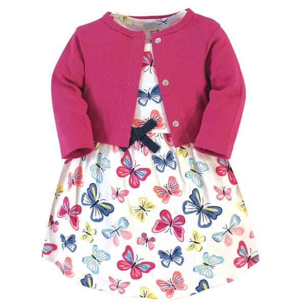 slide 1 of 1, Touched by Nature Baby and Toddler Girl Organic Cotton Dress and Cardigan 2pc Set, Bright Butterflies 2T - Bright Butterflies