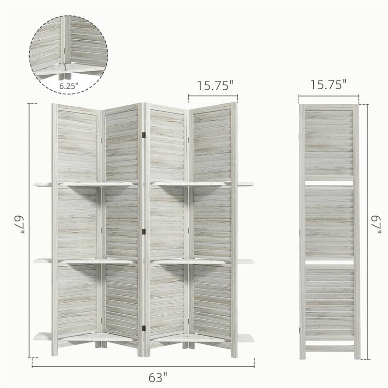 78.75" Wide 5-Panel Foldable Paulownia Wood Room Divider Screen with Built-In Shelves - 78.75" L x 67" H x 0.75" T