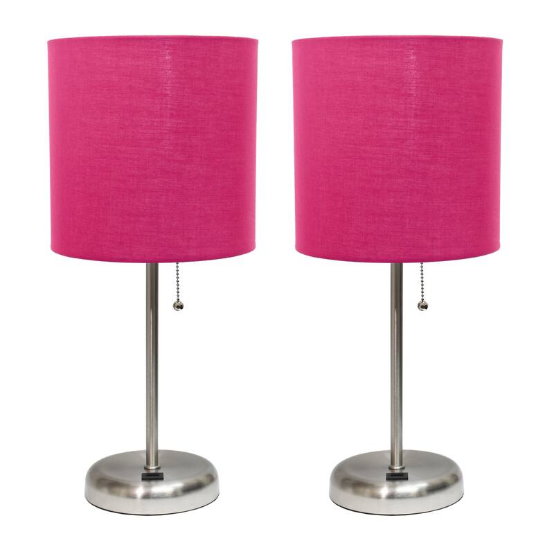19.5 in. Brushed Steel Finish Table Lamp with Pink Shade, Durable Stick Lamp for End/Side Tables, Set of 2