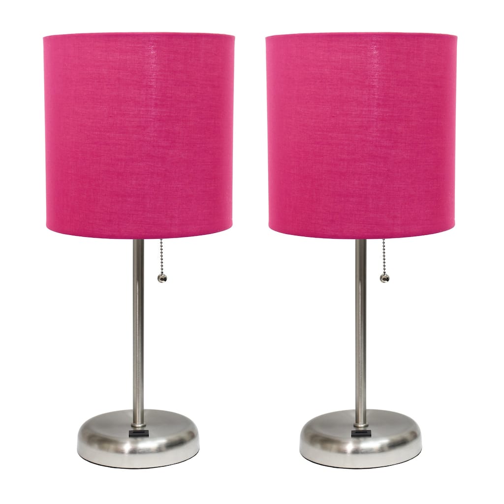 19.5 in. Brushed Steel Finish Table Lamp with Pink Shade, Durable Stick Lamp for End/Side Tables, Set of 2