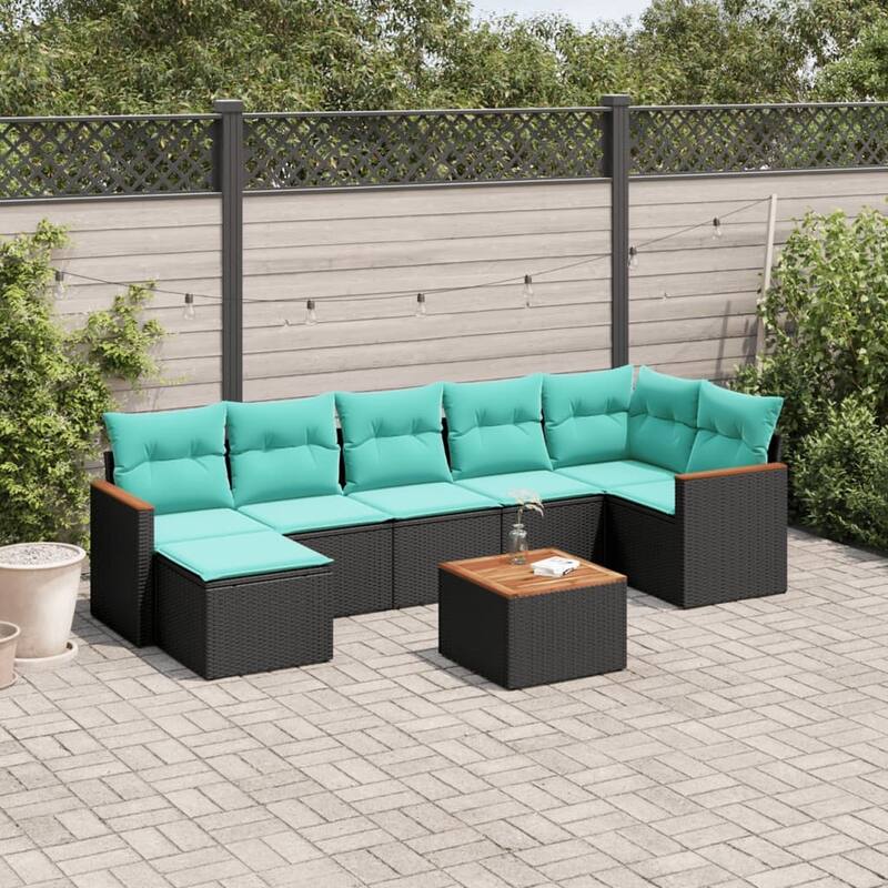 vidaXL Patio Sofa Set with Cushions Outdoor Conversation Furniture Poly Rattan - 24.4x 24.4x 27.2 - Black and Blue-With table