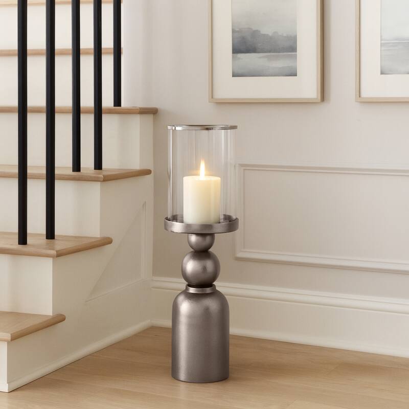 Aluminum Glass Floor Candle Holder Elegant Removable Hurricane - 31.5" - Silver