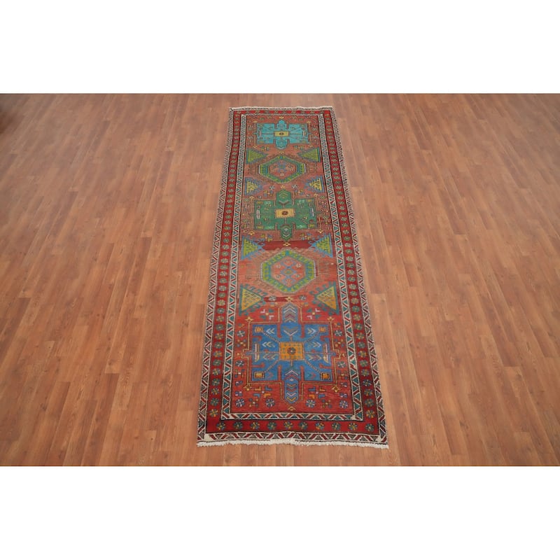Hand Knotted Oriental 100% Wool Carpet Traditional Geometric Oranges & Rust Heriz Runner Rug - 9' 11'' X 3' 1''