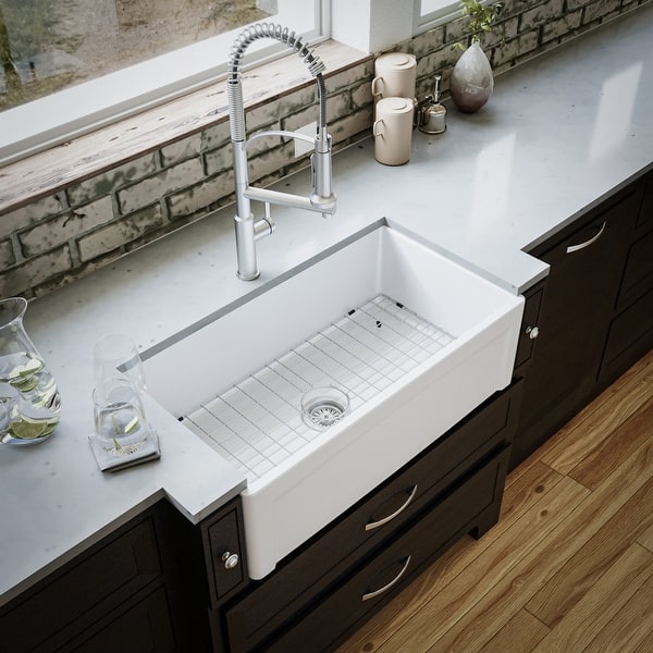 slide 2 of 22, Karran FCP33SB 33" Single Bowl Panel Front Farmhouse Fireclay Kitchen Sink with Reversible Apron Front