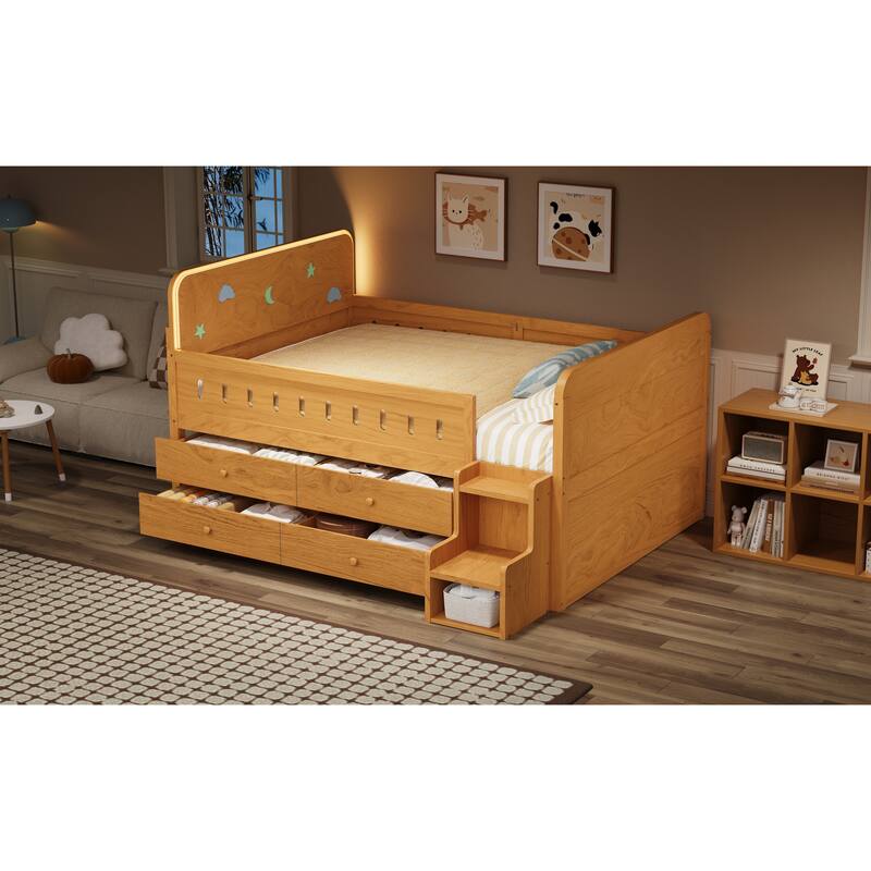 GDFStudio - Wooden Bed with Storage Drawers, Ladder Shelves and LED