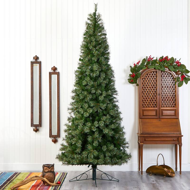 10ft Slim Christmas Tree with Lights - Pencil Artificial Holiday Tree, 750 LED Lights & Stand - Green - 120