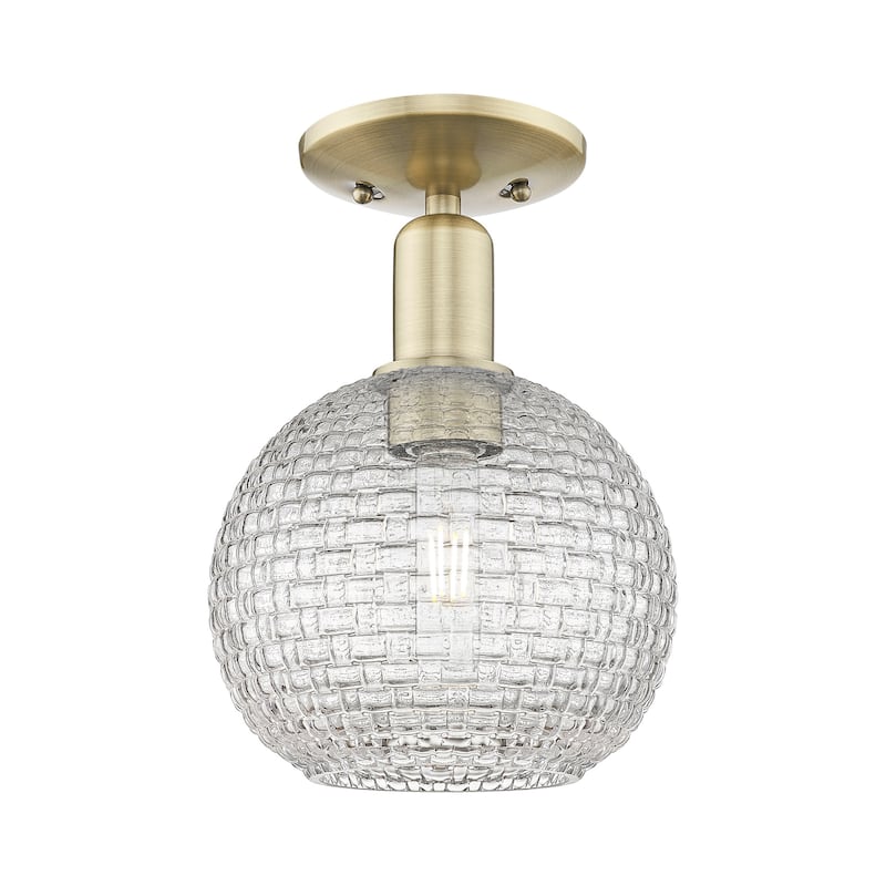 Innovations Lighting 716-1C-12-8 Athens Semi-Flush Athens 8" Wide - Antique Brass / Clear Basketweave