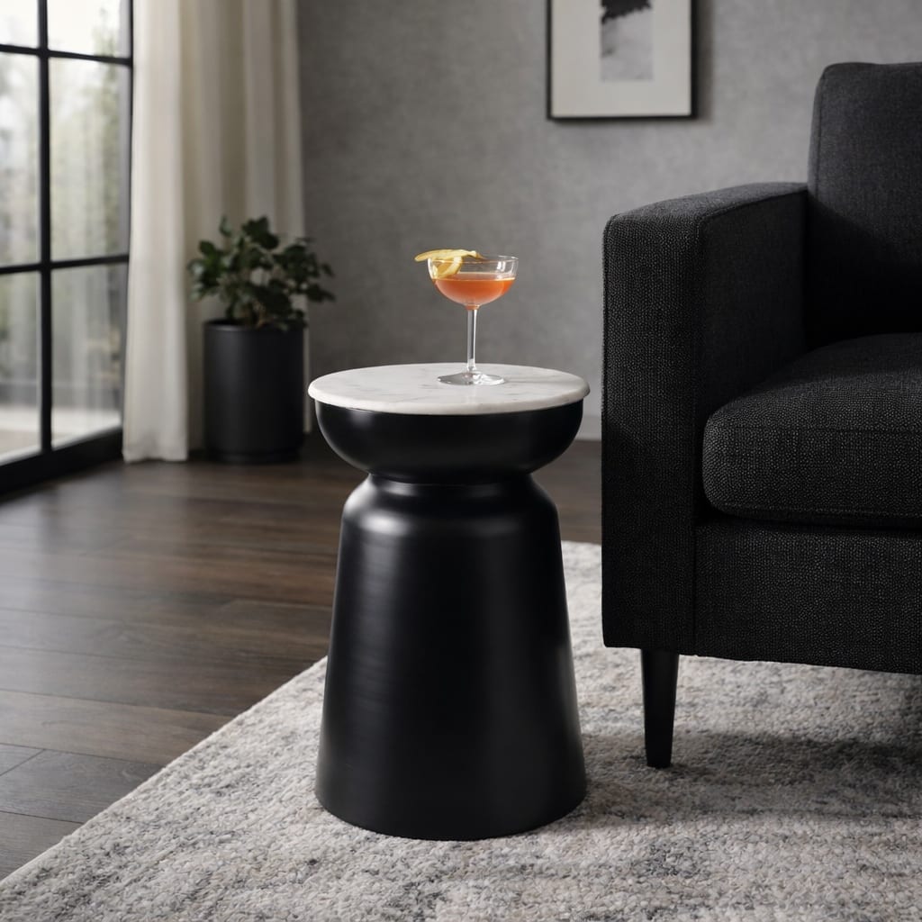 Metal Marble Round Top Drum End Table - Black, 20" - 20.0"