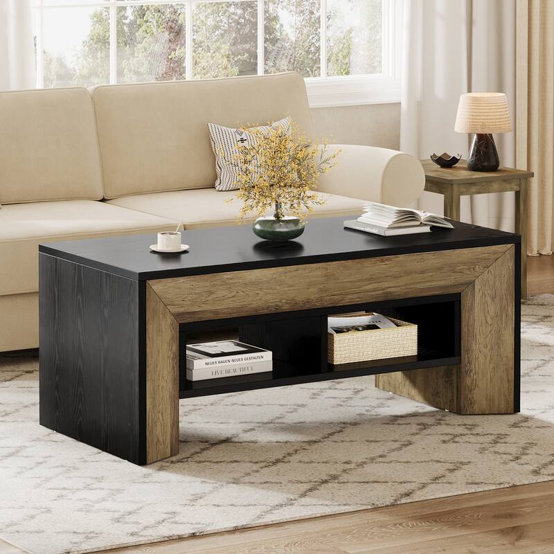 Rectangular Coffee Table with 2-Tier Storage, Modern Wood Center Table for Home Living Room