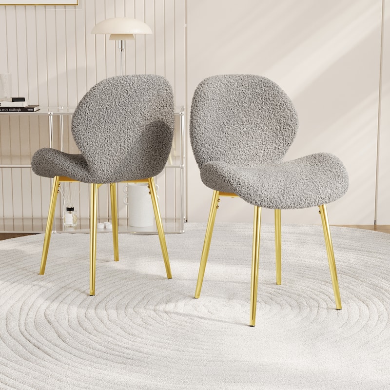 Modern Minimalist White Teddy Velvet Dining Chairs Set of 2 with Comfortable Backrest Design - Grey