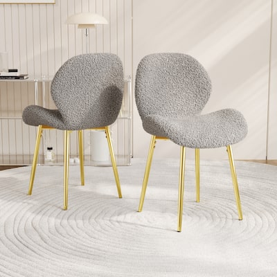 Modern minimalist grey teddy velvet Dining Chairs Set of 2 with sturdy gold metal legs and comfortable backrest design,