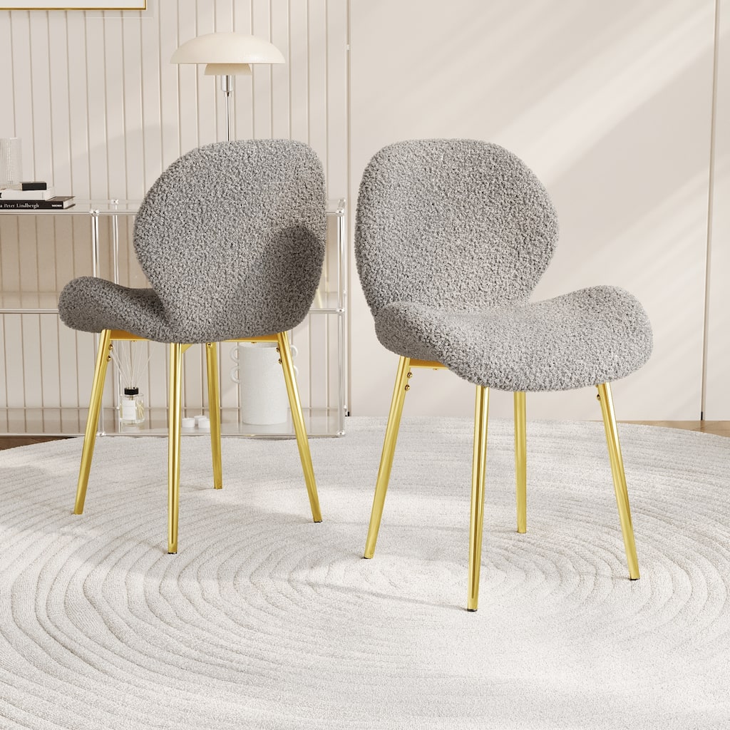 Modern minimalist grey teddy velvet Dining Chairs Set of 2 with sturdy gold metal legs and comfortable backrest design,