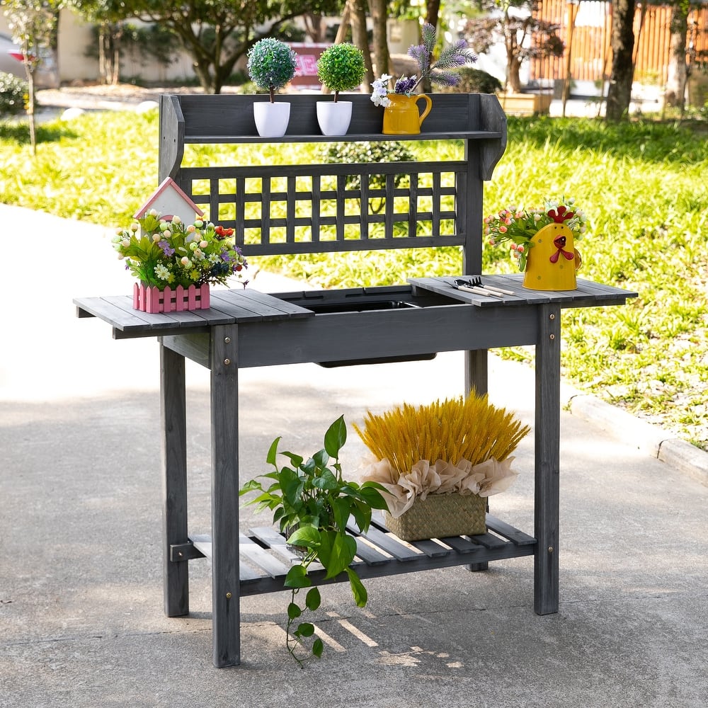 Outsunny 39'' x 18'' x 55'' Wood Garden Potting Work Table with Hidden Storage, Sink Basin, & Below Clapboard
