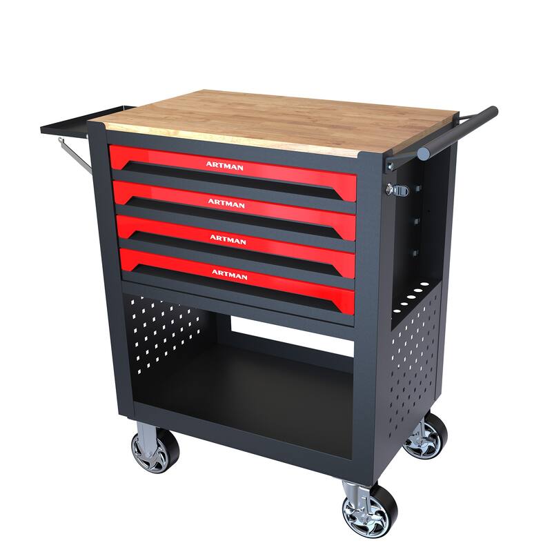 4 Drawers Multifunctional Tool Cart with Wheels and Wooden Top