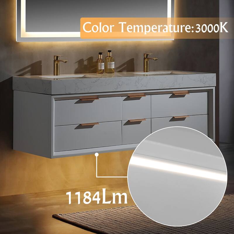 60 Inch Solid Wood Frame Wall-Mounted Bathroom Vanity Set with Double Ceramic Basin