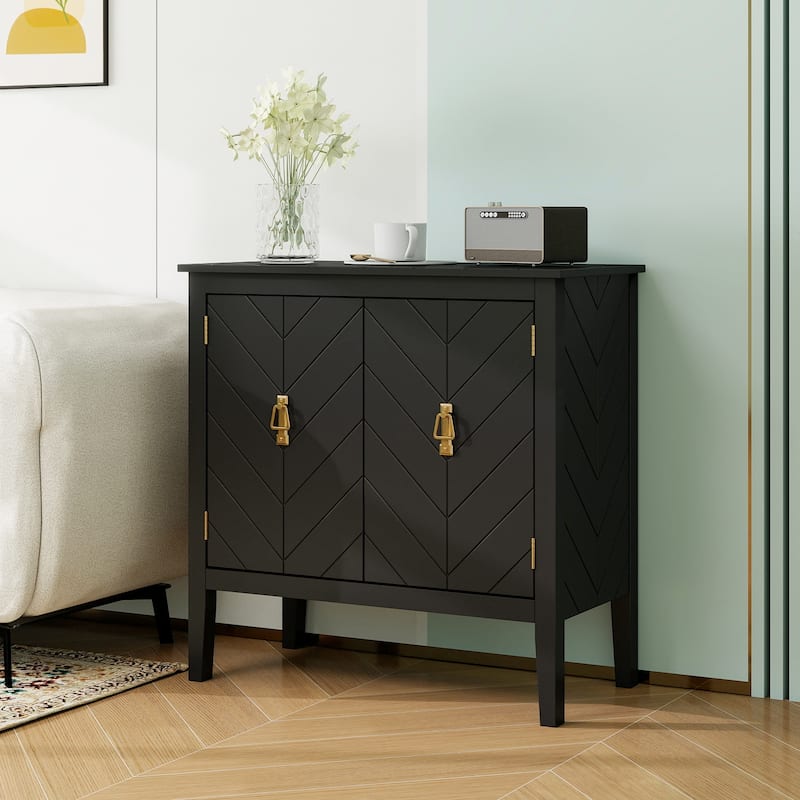 Roomfitters 2 Door Wooden Cabinet, Chevron Storage Sideboard with Vintage Brass Handles, Black - Black