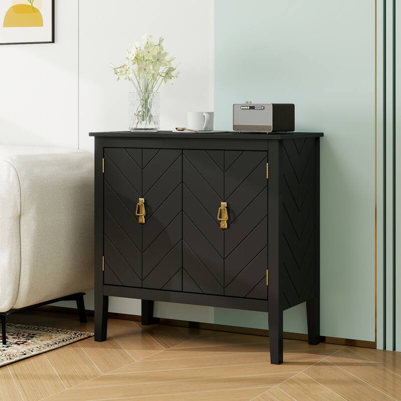 Sideboard Buffet Cabinet, Storage Cabinet with Adjustable Shelves, 2 Door Wood Stripe Accent Cabinet - Black