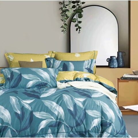 Linnett Blue Banana Leaf Pure Cotton Reversible Duvet Cover Set Queen