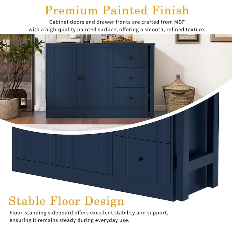 89.7" Wooden Sideboard Buffet Cabinet with Extendable Table, 2 Doors, 3 Drawers, Adjustable Shelf for Kitchen or Living Room