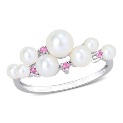 Miadora 3-5.5mm Cultured Freshwater Pearl and 1/10ct TGW Pink Sapphire Ring in Sterling Silver