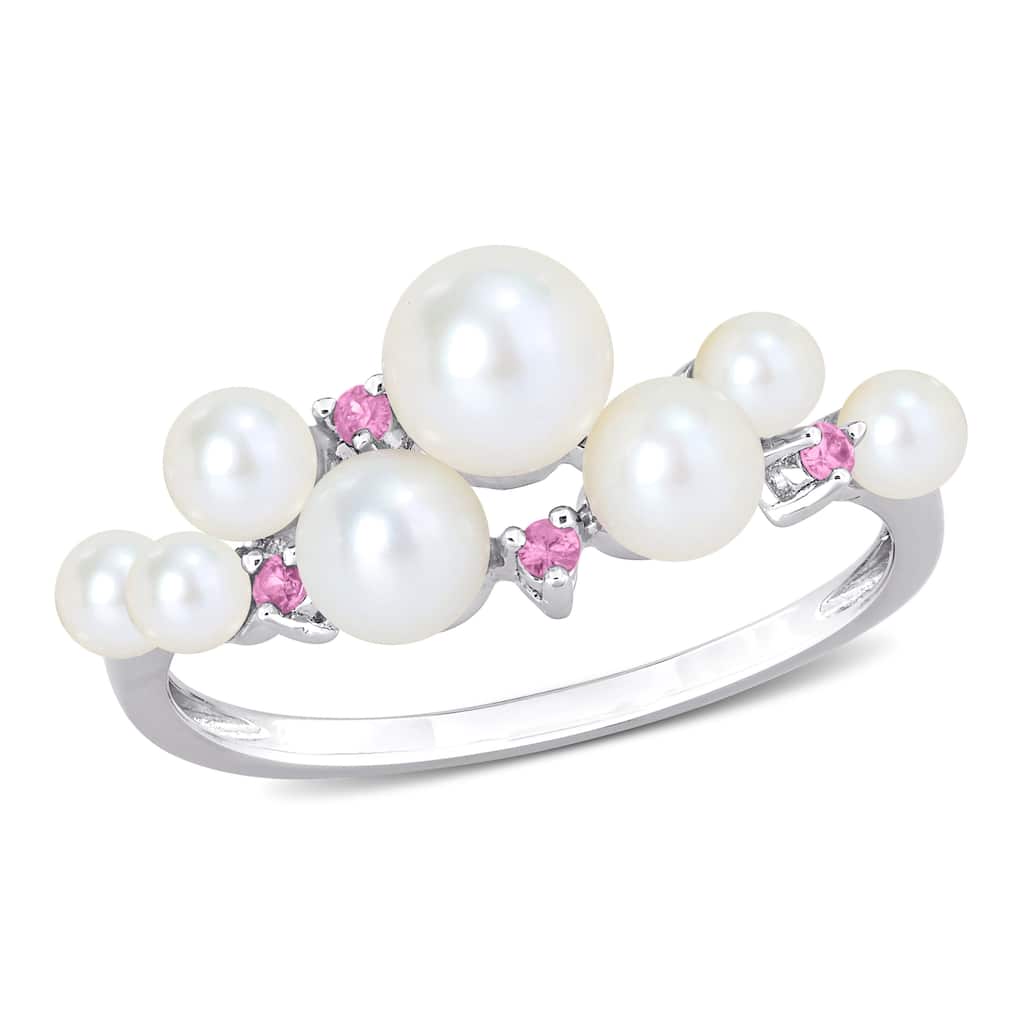 Miadora 3-5.5mm Cultured Freshwater Pearl and 1/10ct TGW Pink Sapphire Ring in Sterling Silver