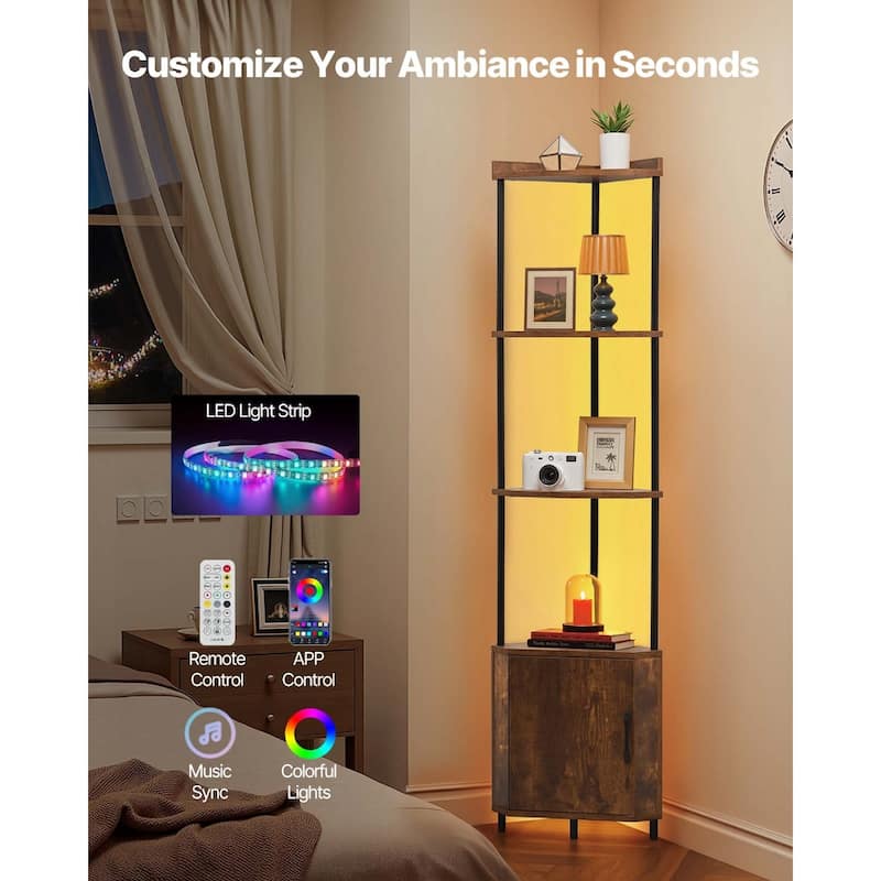 5 Tier Corner Stand with Smart LED Lights and Cabinet for Home Decor - 12 x 12 x 66.1 in