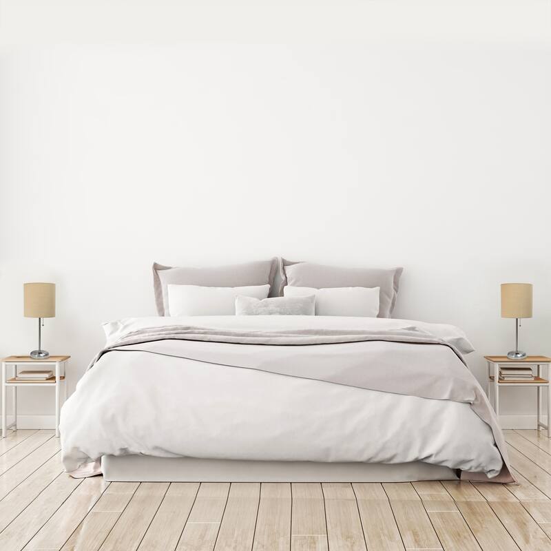 19.5 in. Brushed Steel Finish Table Lamp with Beige Shade, Durable Stick Lamp for End/Side Tables, Set of 2