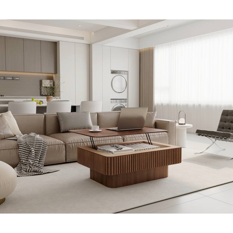 Fluted 38.6" Lift-top Coffee Table, Solid Wood Modern Accent Table with Storage and Adjustable Height