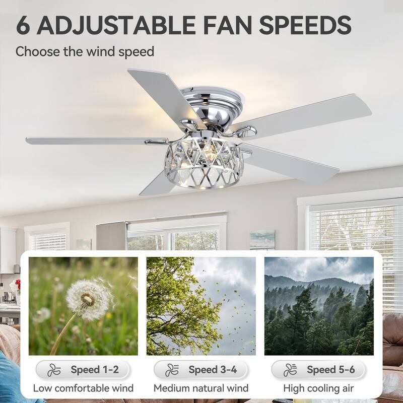 52 inch 5-Blade Flush Mount Crystal Ceiling Fan with Light Remote