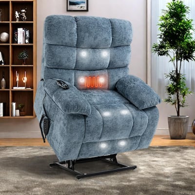 Oversized Chenille Power Lift Recliner Chair with Massage and Lumbar Heating, Charging Port, 180° Lying Flat